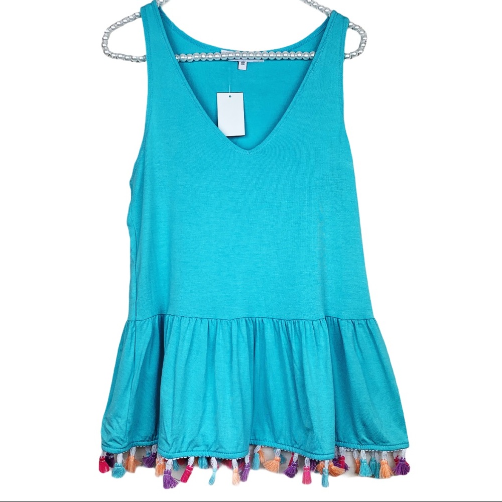 NWT Vanity Room Blue V Neck Peplum Colorful Tassel Resort Tank Top Size XS